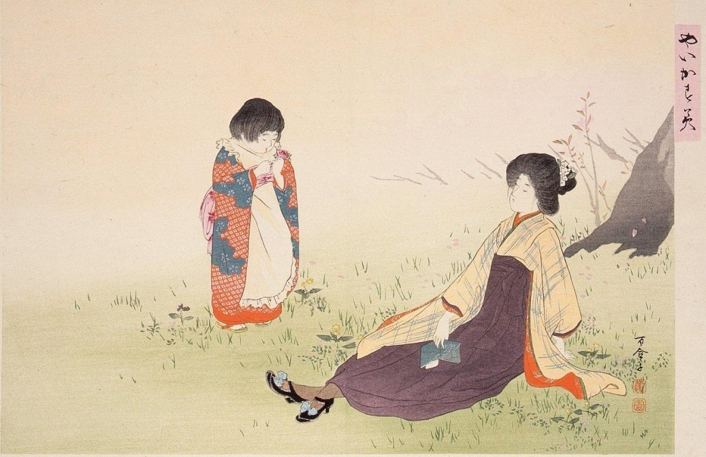  Colhendo ervas de primavera, série Névoa das ruas (xilogravura) - Ikeda Shōen (1906).JPG